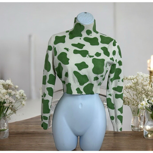 Zara Crop Sweater Sz Small Green Cream Cow Print Mock Neck Top Long-Sleeve - Picture 1 of 7
